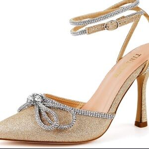 Tinsley Gold Glitter Crystal Bow Ankle-Strap Heels
